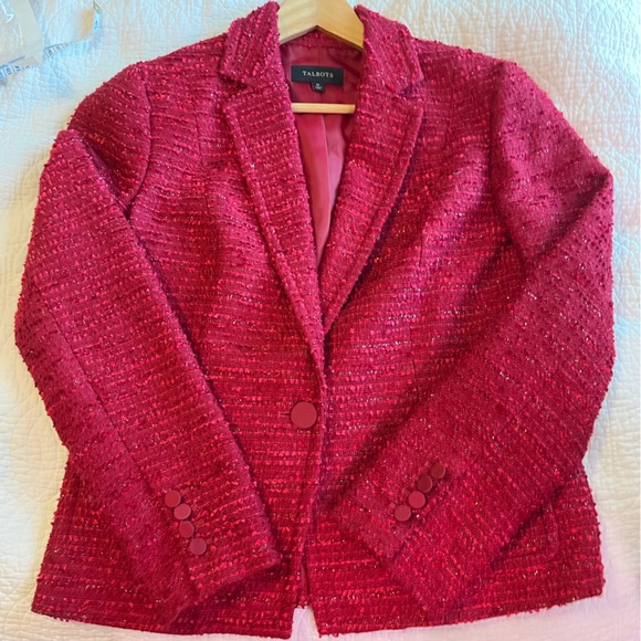 Talbots Woven Blend Jacket Blazer Silk Wool Trim Red Pink Career Women's 12 New - Picture 6 of 10